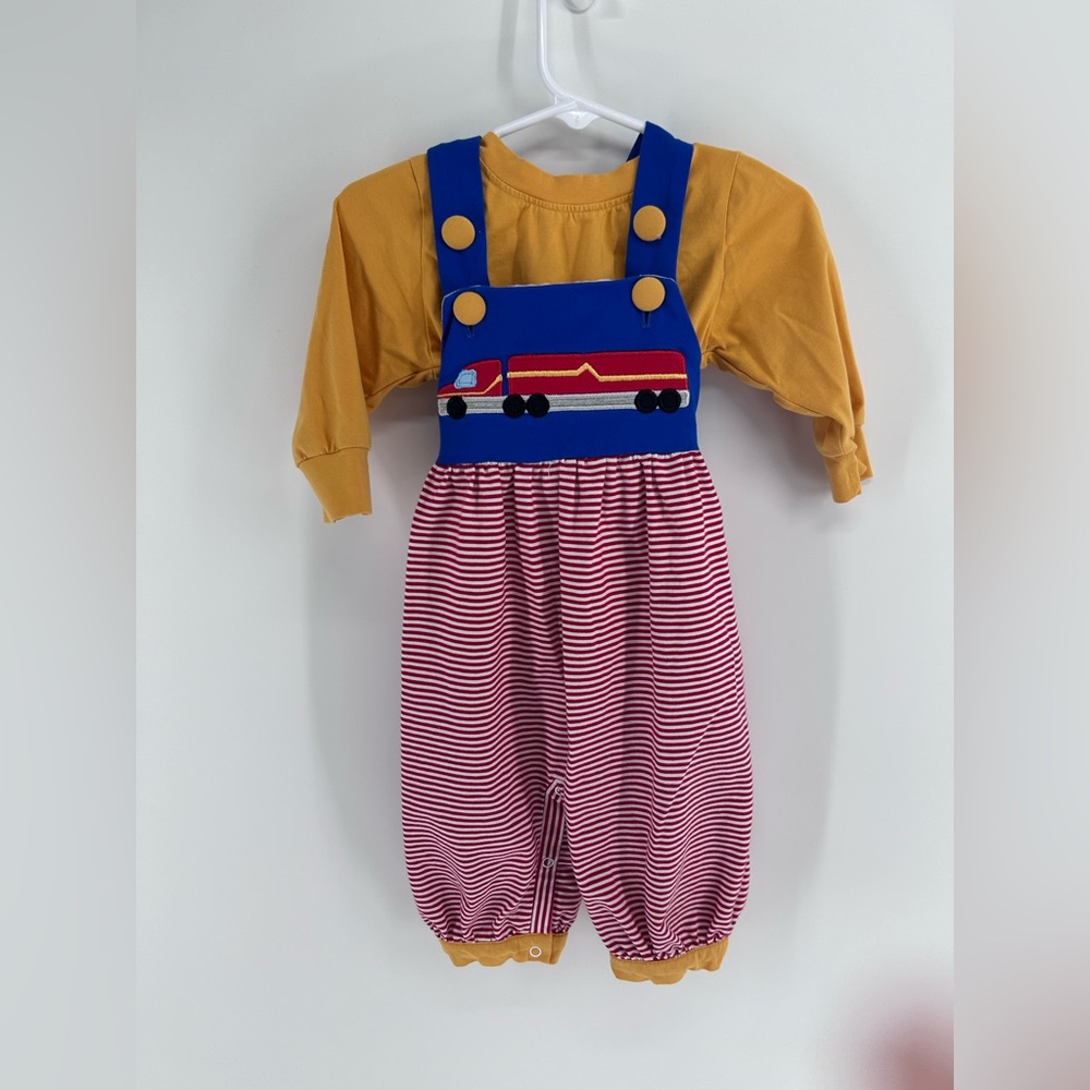 9 month 1 - Busy Bee Smocks Blue & Mustard Truck Appliqué Striped Overalls